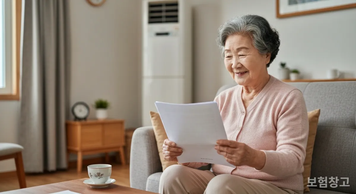거실 소파에 앉아 간병보험 서류를 살펴보며 미소 짓는 한국인 노년 여성