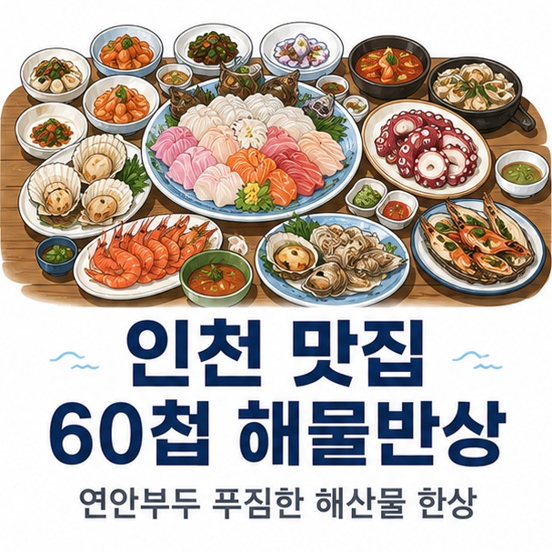 회와 문어, 조개와 여러 해산물이 한 상 가득 차려진 모습으로 인천 맛집 60첩 해물반상을 표현한 대표 이미지