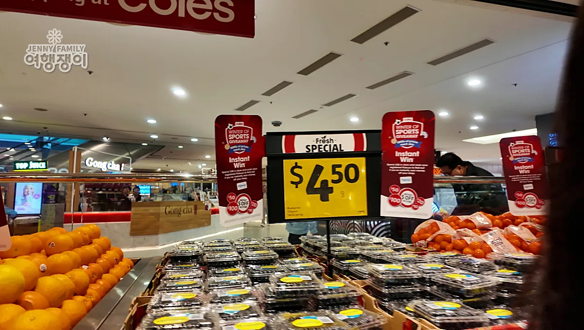 시드니 Coles 마트 과일 코너, 블루베리 할인 행사 $4.50 — Sydney Coles supermarket fresh blueberry special $4.50