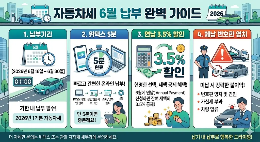 자동차세 6월 납부 완벽 가이드 2026 — 납부기간·위택스 5분·연납 3.5% 할인·체납 번호판 영치