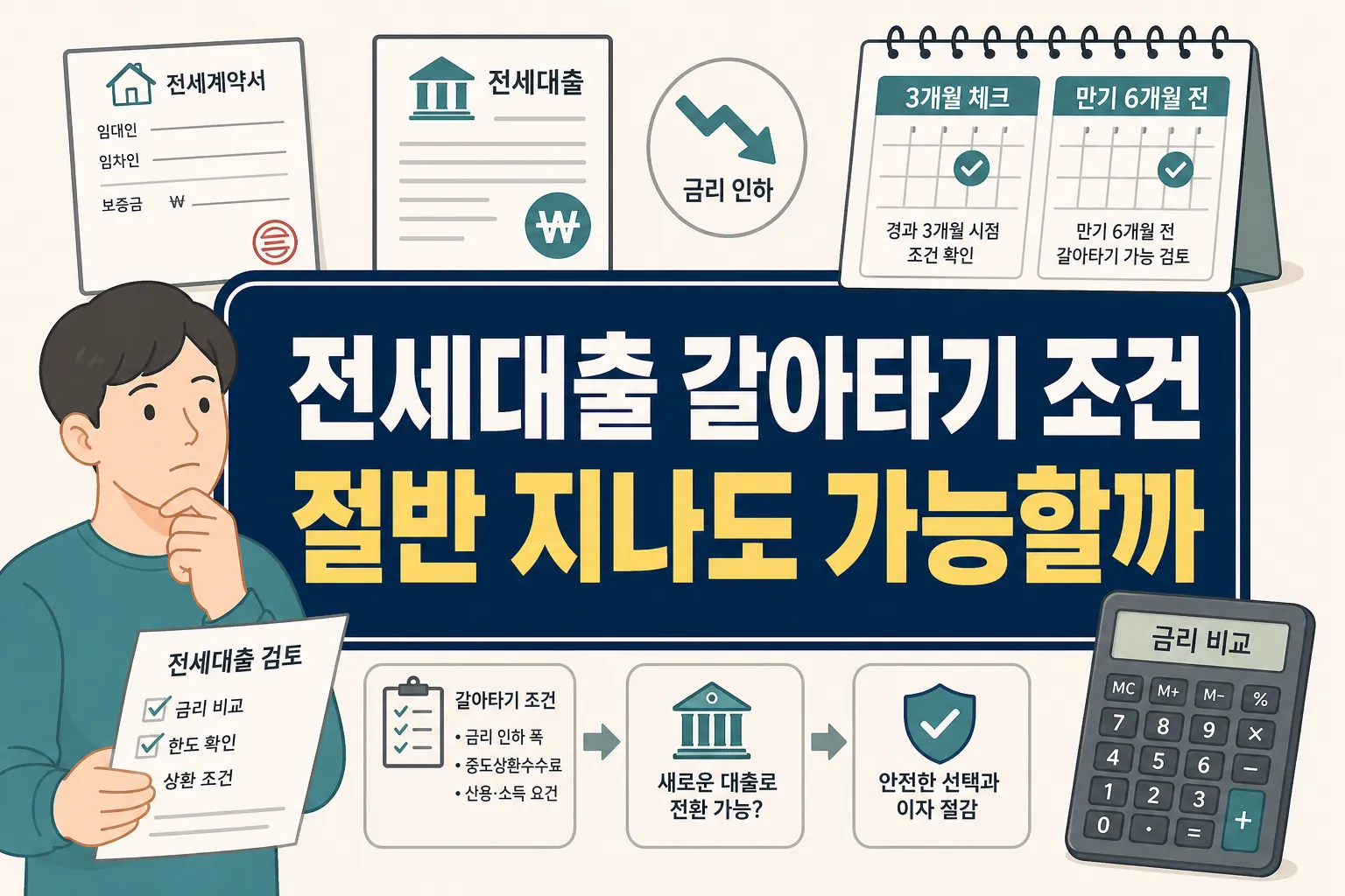 전세대출 갈아타기 조건을 확인할 때 계약기간 절반 경과 여부와 대출 실행 후 3개월, 만기 6개월 전 기준을 함께 이해하도록 보여주는 썸네일 이미지