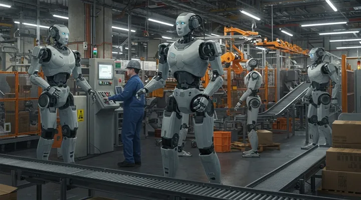휴머노이드 로봇이 공장에서 사람과 함께 작업하는 모습