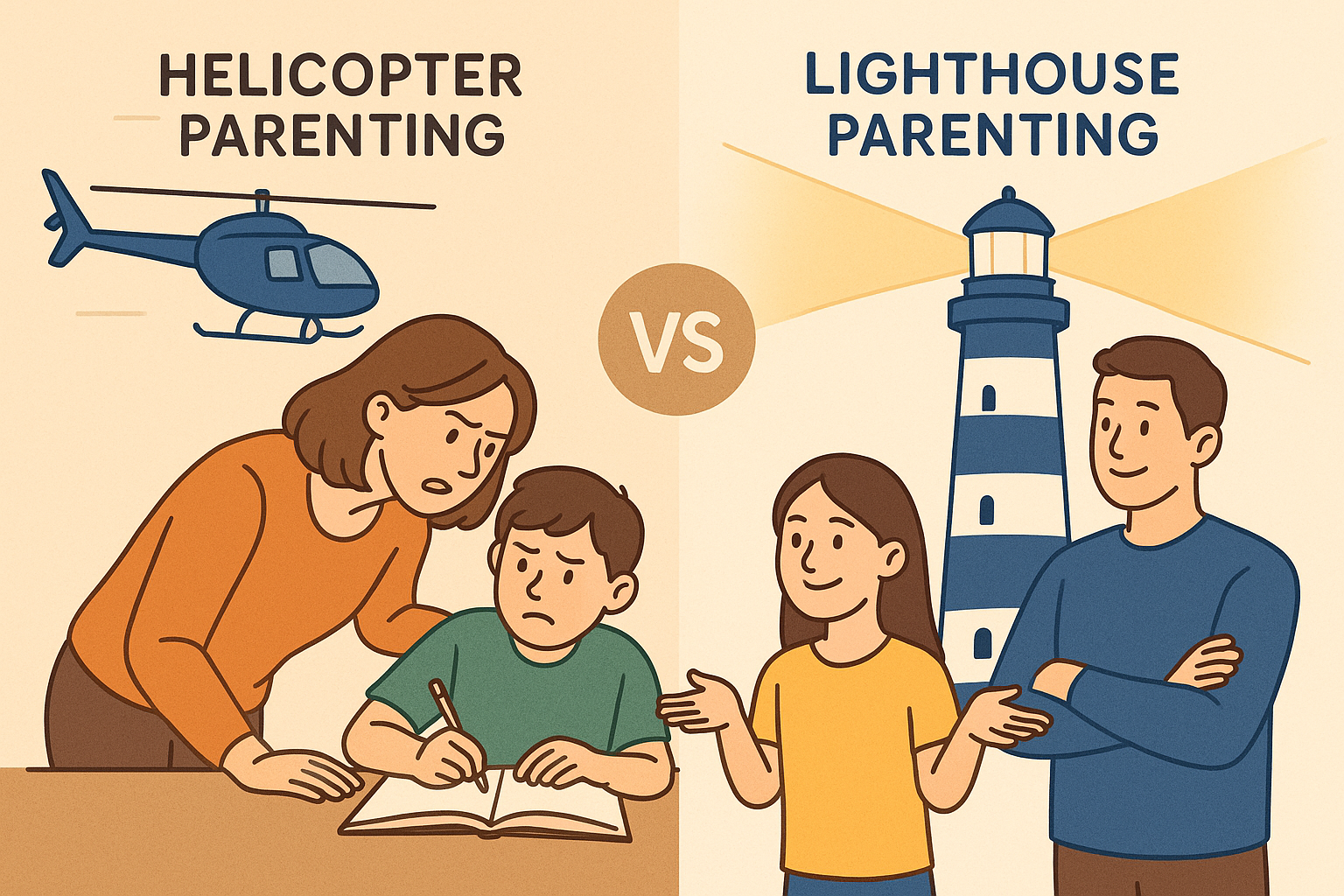 헬리콥터 vs 라이트하우스의 양육법에 대한 자녀의 반응을 비교하는 이미지