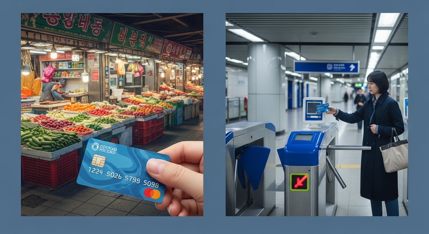 A split image showing two distinct scenes: on one side, a credit card being swiped in a bustling traditional market with vibrant stalls and fresh produce, and on the other side, a person using a public transportation card at a subway turnstile, with a modern, clean subway station in the background. The style should be realistic and slightly illustrative, emphasizing the ease of use and everyday nature of these activities, with a blue-grey color overlay to match the blog theme.