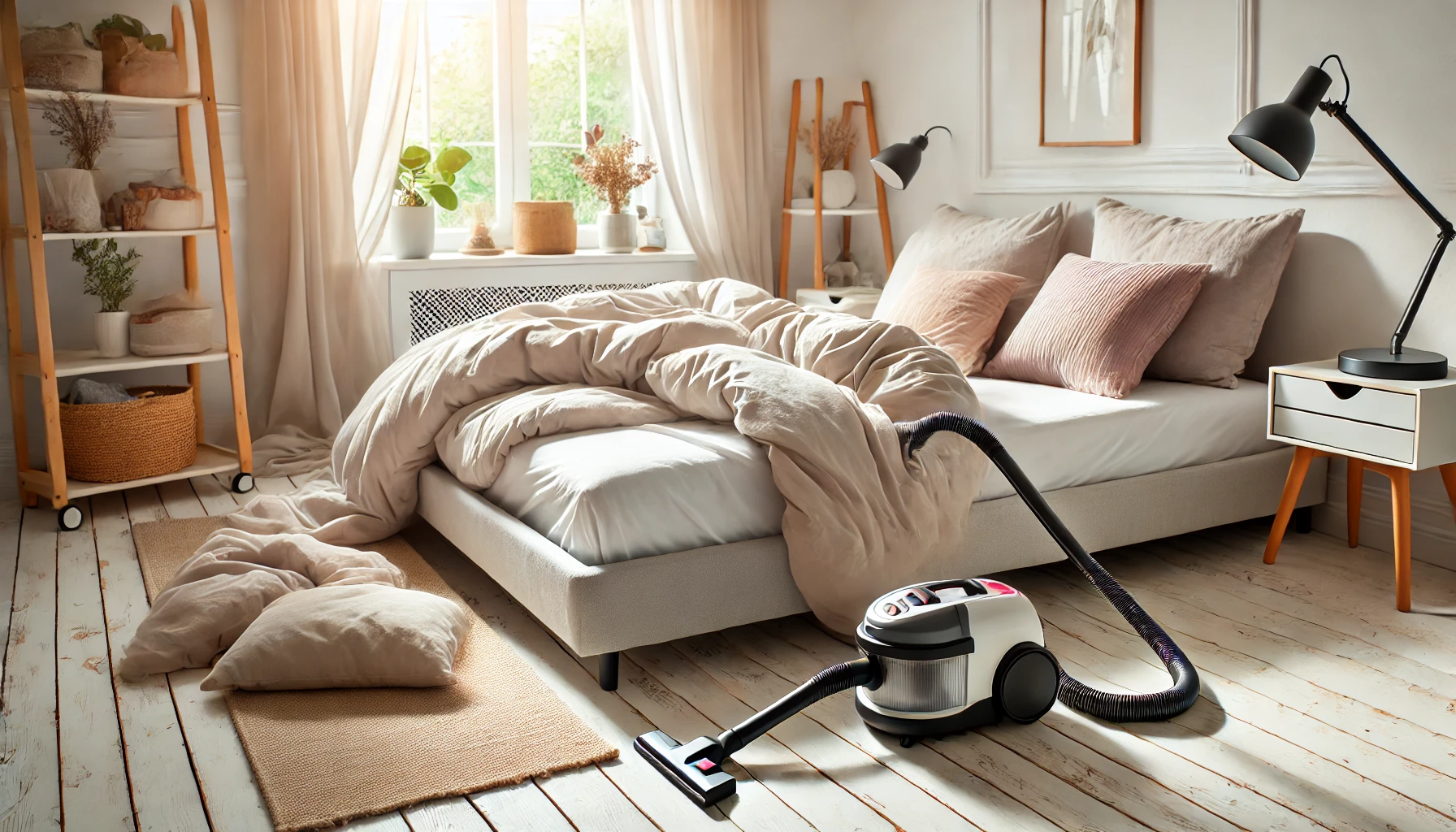 무거운 겨울 침구를 정리하고 가벼운 봄 침구로 바꾸며 청소기 돌리는 장면