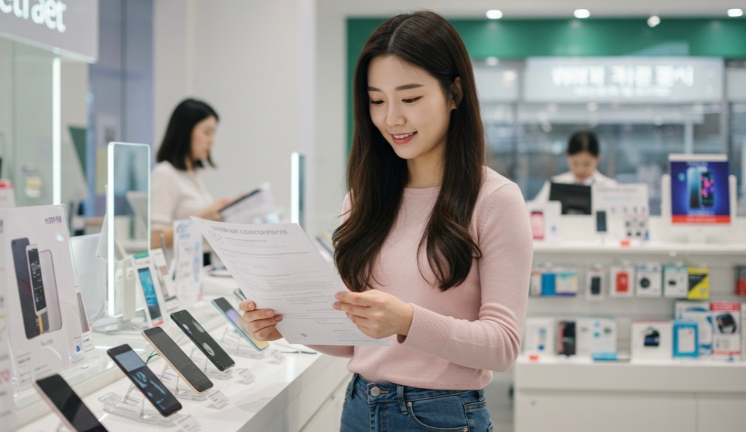 휴대폰-계약서를-살펴-보고-있는-여성