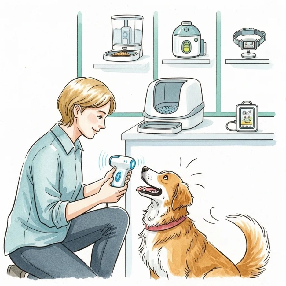 새로운 반려동물 용품을 체험하는 반려인과 강아지