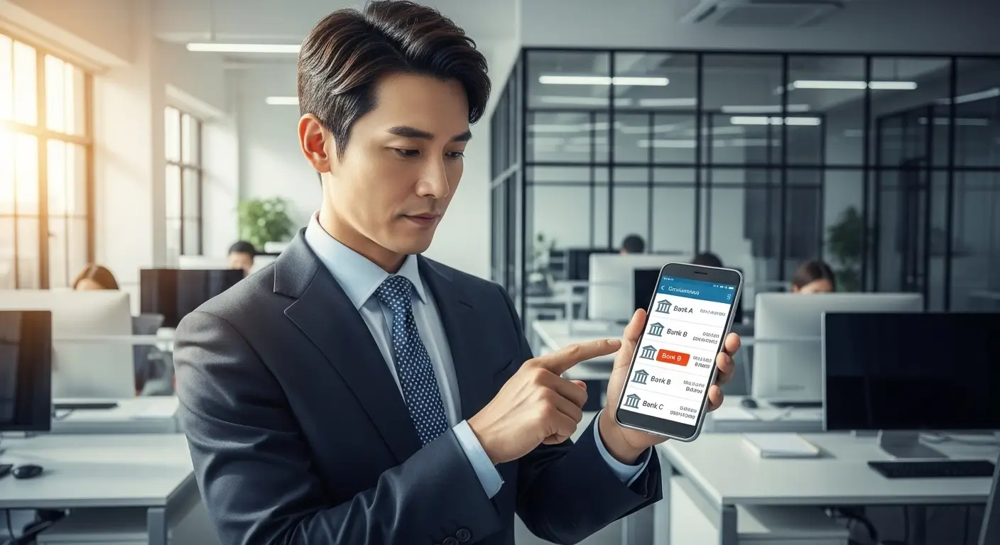 스마트폰으로 1금융권 은행 로고들을 비교하며 최저 금리를 찾는 한국인 직장인의 모습