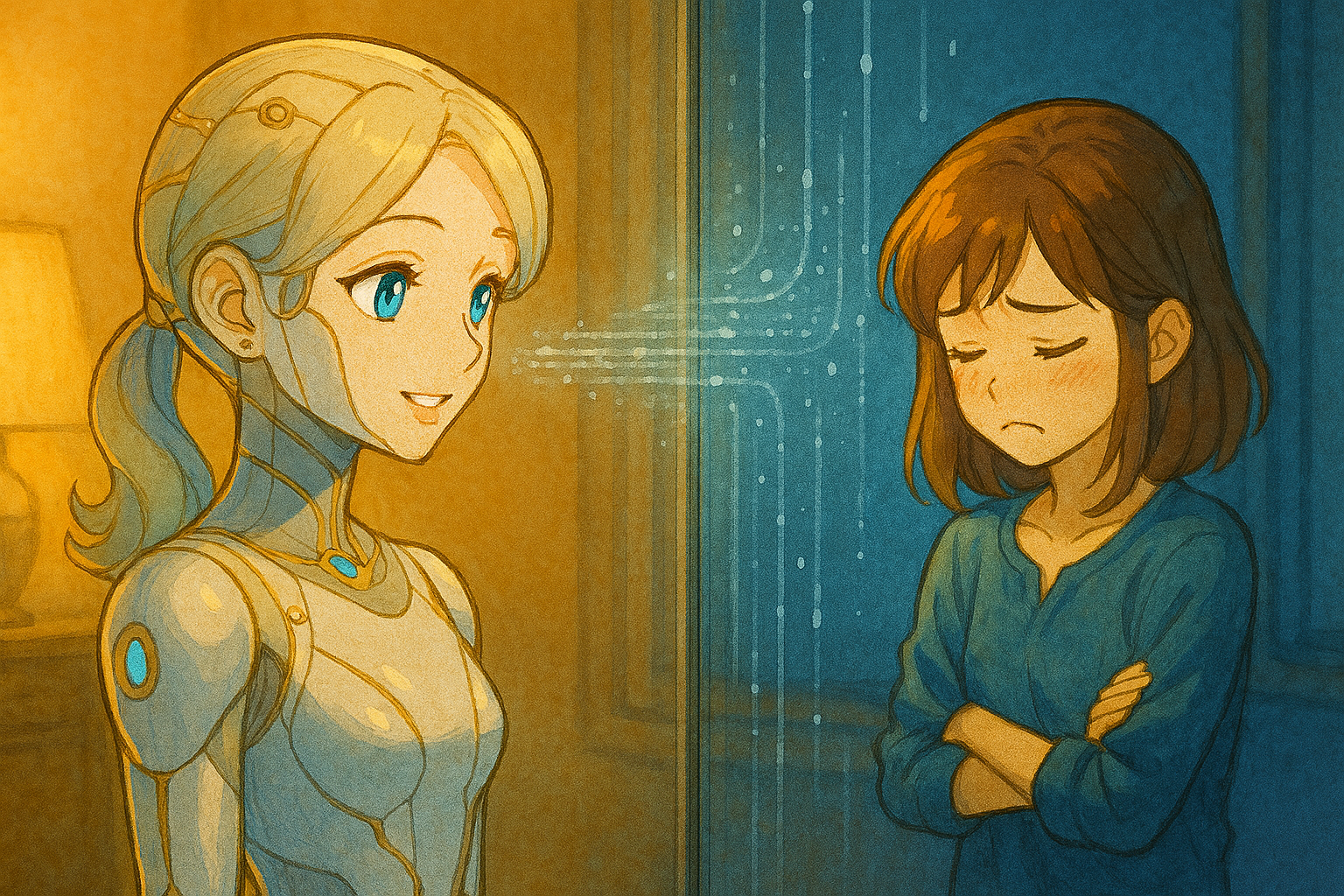 AI의 위로가 투명한 벽에 막히는 듯, 시연이 감정을 차단한 채 등을 돌리는 장면