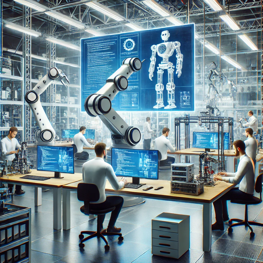로봇 공학자가 다양한 기술을 통합하여 로봇을 개발하는 작업 환경을 표현한 이미지