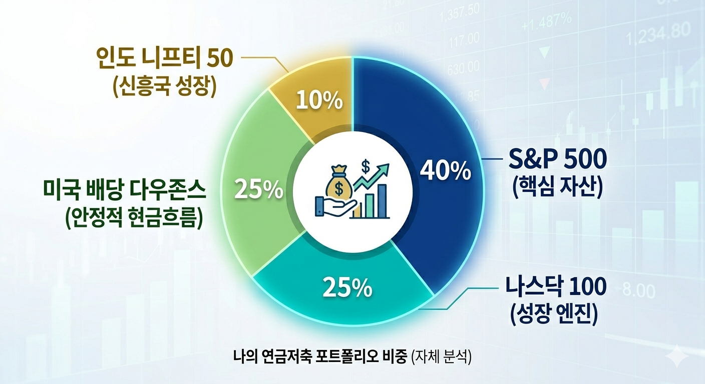 연금저축 포트폴리오 자산 배분 비중 (S&amp;P 500, 나스닥 100, 미국 배당 다우존스, 인도 니프티 50)