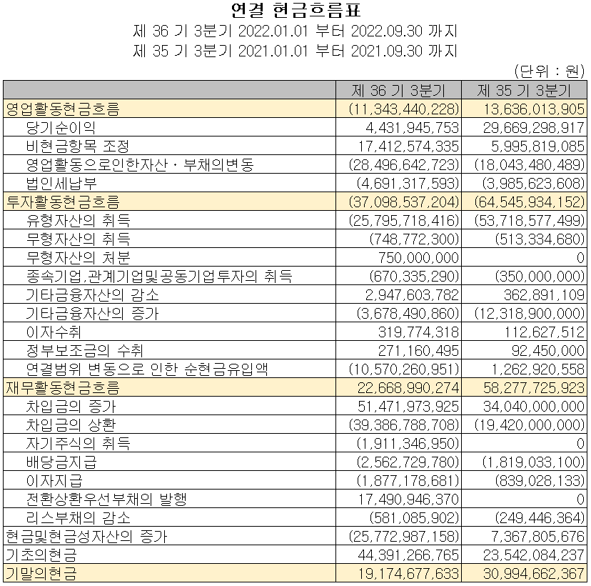 에프에스티 - 현금흐름표