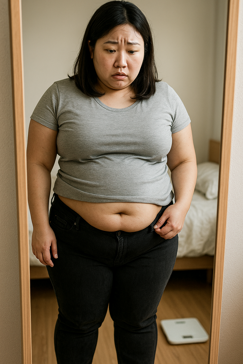 다이어트 후 요요현상으로 어려움을 겪는 여성