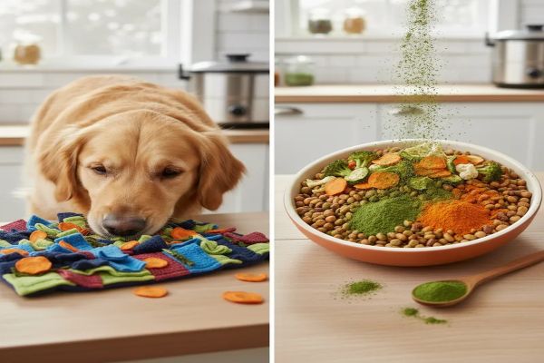 왼쪽에는 강아지가 바삭하게 건조된 당근, 브로콜리, 케일 칩으로 노즈워크 놀이를 하고 있고, 오른쪽에는 곱게 갈린 야채 파우더가 사료위에 야채칩과 함께 뿌려져 담겨 있습니다. 반려견을 위한 건강한 수제 간식입니다.