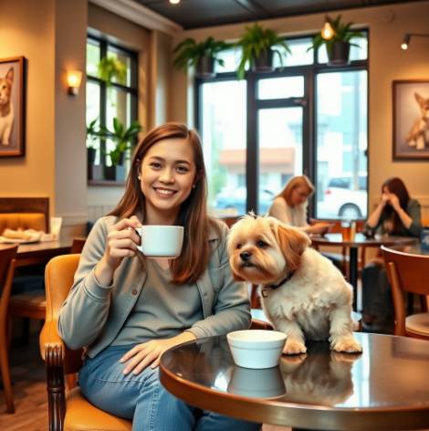 반려동물과 보호자가 카페에서 있는 모습