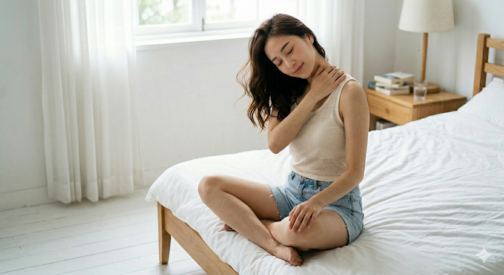 승모근을 손으로 마사지하는 모습