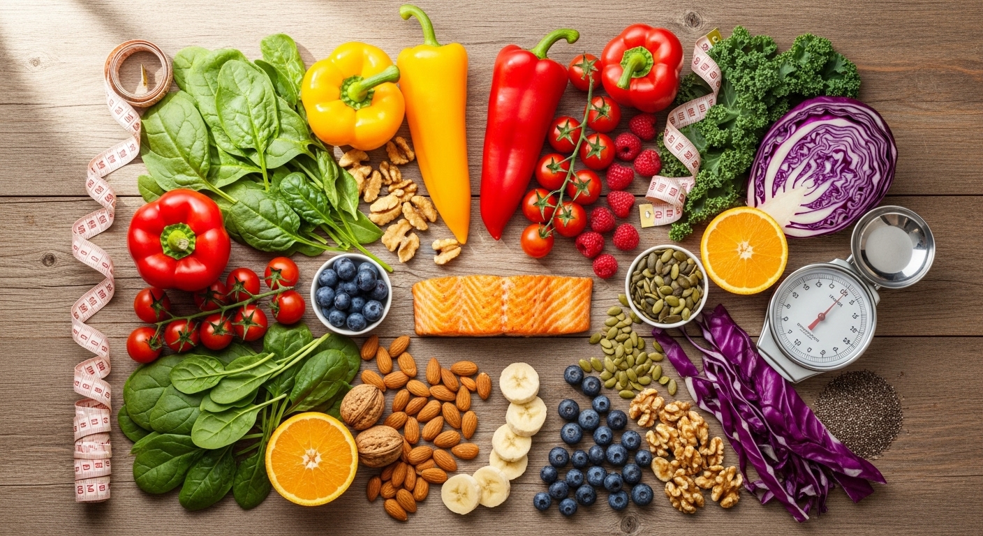 고혈압 완화에 도움이 되는 신선한 채소, 과일, 견과류 등 건강한 식재료가 정갈하게 놓인 테이블. 균형 잡힌 식단의 중요성을 상징합니다.