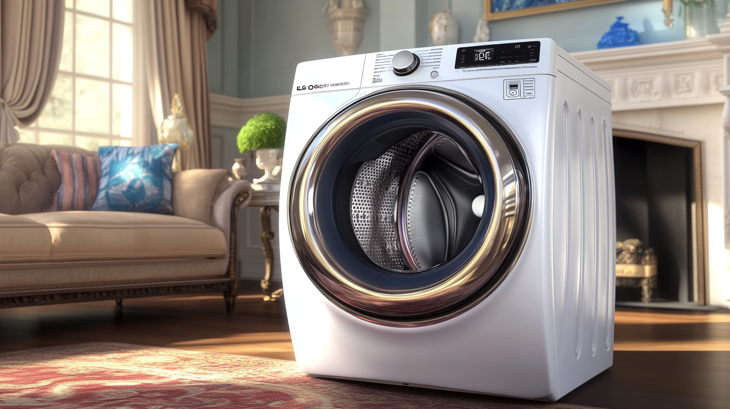 예술적인 감성을 가진 LG 오브제 세탁기가 세련되고 우아한 거실과 어우러져 럭셔리한 홈 인테리어에 매끄럽게 녹아든 이미지.