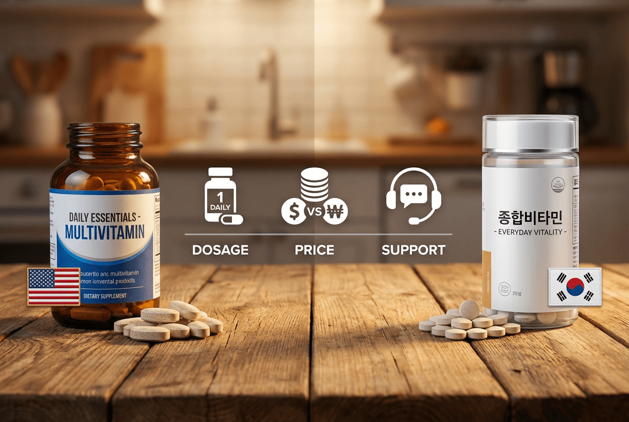 미국산 멀티비타민과 국산 종합비타민을 나무 테이블 위에 나란히 놓고 1일 섭취량, 가격, 고객지원 차이를 아이콘으로 비교한 이미지