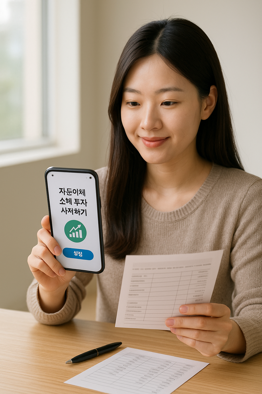 자동이체로 스마트폰에서 소액 투자를 시작하는 젊은 직장인 모습