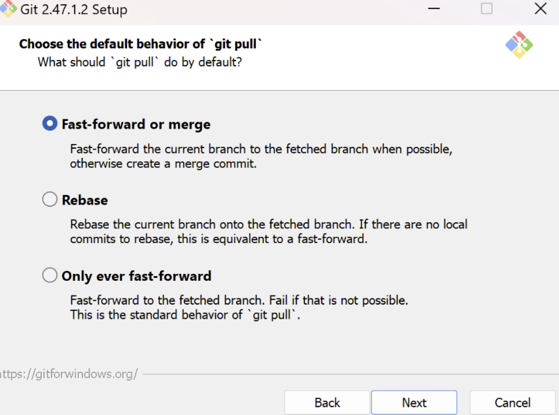 git pull 명령어 기본 동작 설정 화면