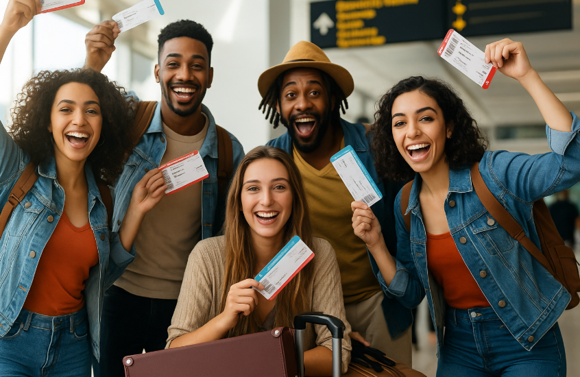 공항 내부에서 환하게 웃으며 항공권을 들고 있는 다섯 명의 젊은 여행자들이 포즈를 취하고 있는 장면 이미지