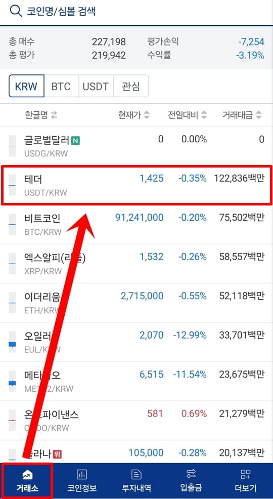 거래소 메뉴 USDT 찾기
