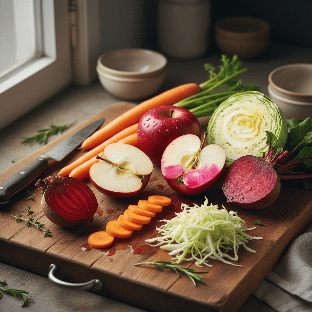 도마 위에 사과, 당근, 비트, 양배추가 가지런히 놓여 있고
반은 썰려 있고 반은 통으로 남아 있는 모습