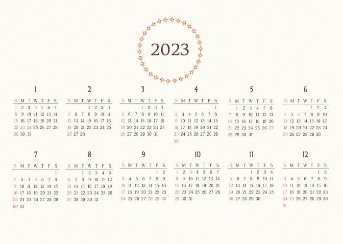 2023년 12개월 따뜻한 느낌의 달력