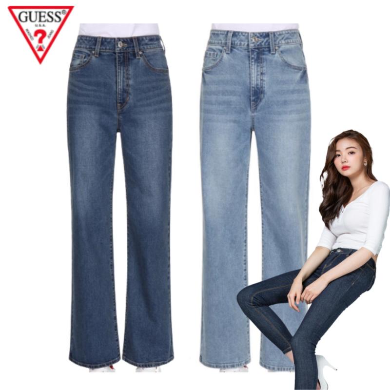 NEW 2024 사계절 게스 여성 날씬해 보이는 다리가 길어보이는 예쁜 바지 세미 와이드 핏 일자 통 청바지 부츠컷 연청 진청 생쥐 데님 팬츠