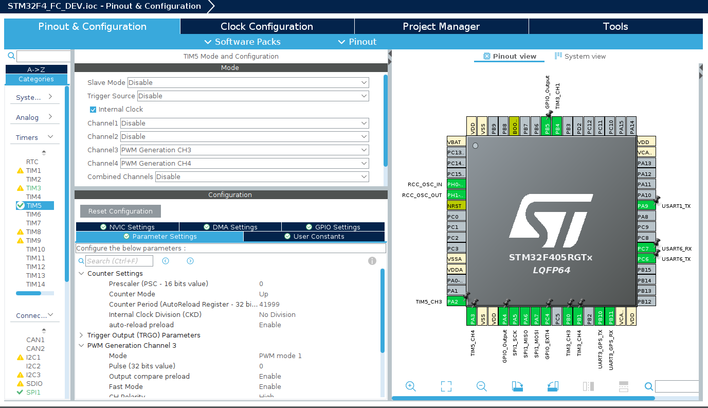 STM32CubeMX에서 TIM5 채널 3, 4를 PWM Generation으로 설정하고 Prescaler 0, Counter Period 41999를 입력한 화면
