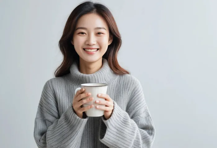 감기 빨리 낫는법을 실천하며 미소를 지으며 따뜻한 차를 마시는 모습