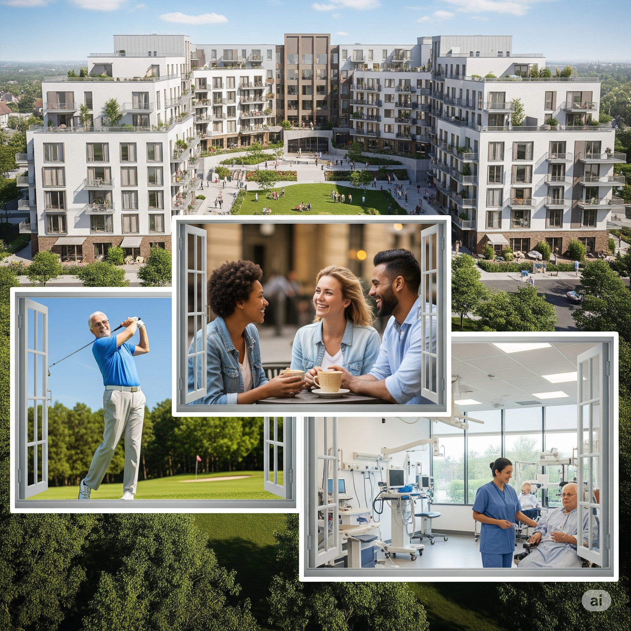 세대 공존형 주거 단지의 모습을 담은 생동감 넘치는 포토 콜라주. 골프를 치는 노년층, 카페에 있는 젊은 커플, 의료 시설에서 환자를 돕는 간호사의 모습을 담은 세 개의 작은 이미지
