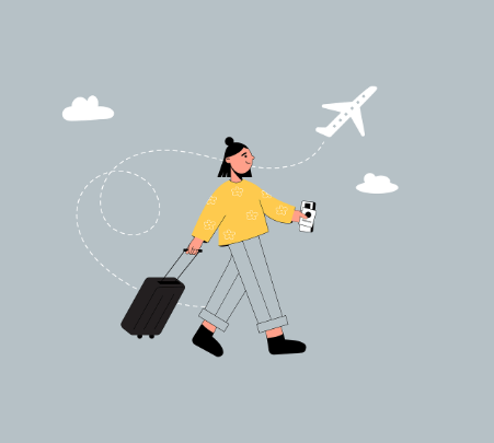 공항 수속 중인 여행객들과 캐리어, 여권, 항공권 등 여행 준비물을 함께 담은 이미지, 전자여권을 소지한 여행객의 출국 준비를 상징하는 장면