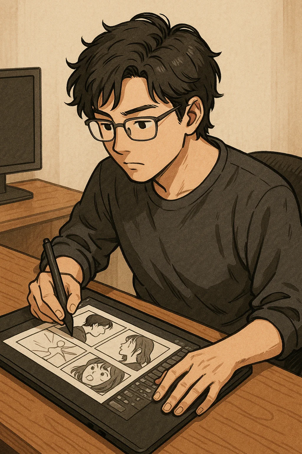 웹툰작가가 드로잉 패드로 웹툰 그리는 그림