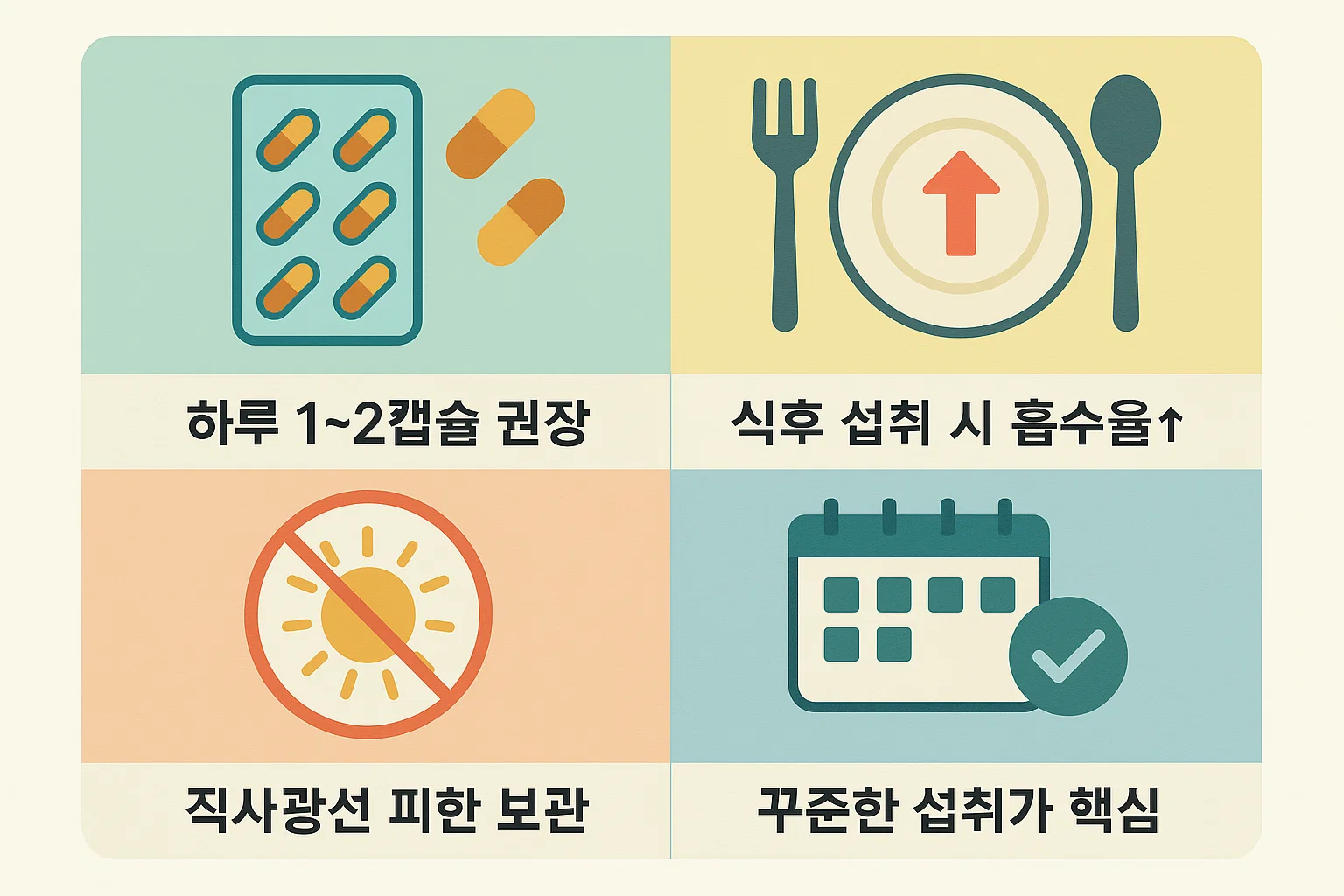 하이퍼셀 알티지오메가3의 권장 섭취량, 흡수율을 높이는 식후 복용법, 직사광선 보관 주의, 꾸준한 섭취의 중요성을 정리한 안내 이미지입니다.