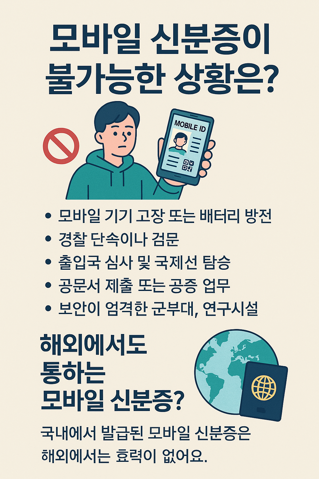 스마트폰 화면에 표시된 모바일 신분증 아이콘과 'Not Accepted'라는 붉은 경고 문구가 함께 나타나며, 배경에는 공항 출입국 심사대와 지구본 아이콘이 조합된 디지털 일러스트