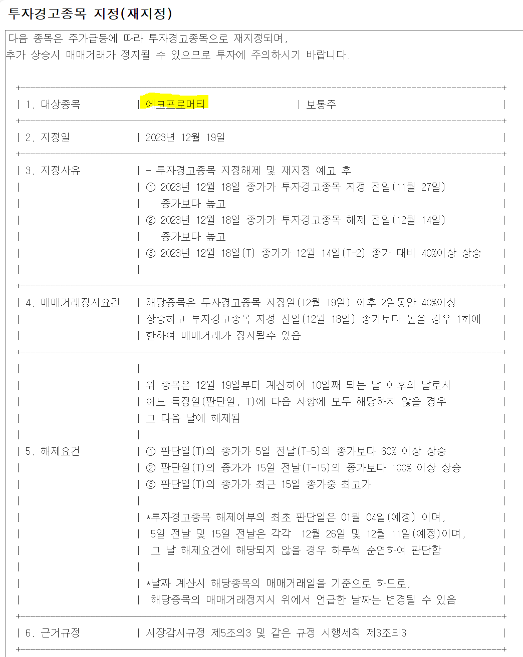 에코프로머티-투자경고종목지정