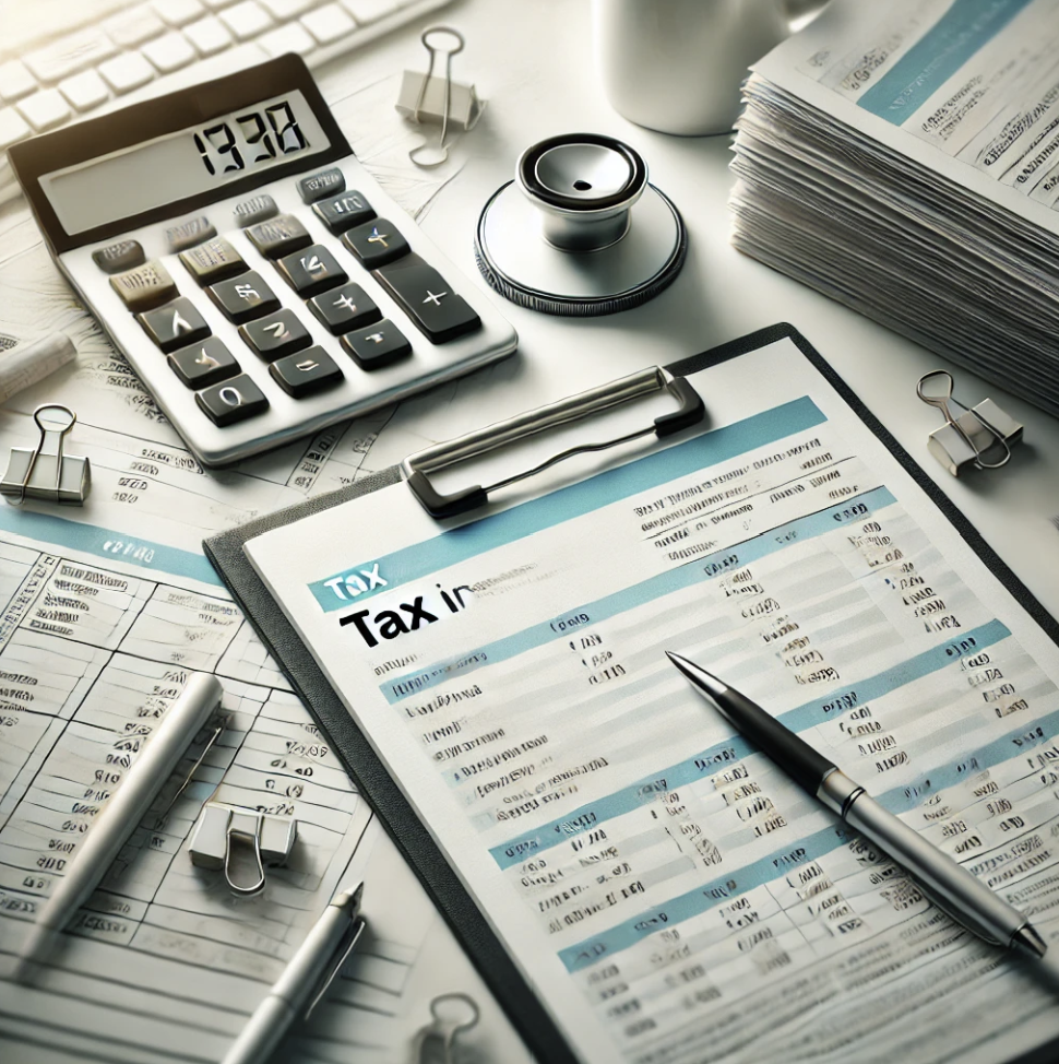 세금 관련 서류와 계산기가 놓인 깔끔한 책상
