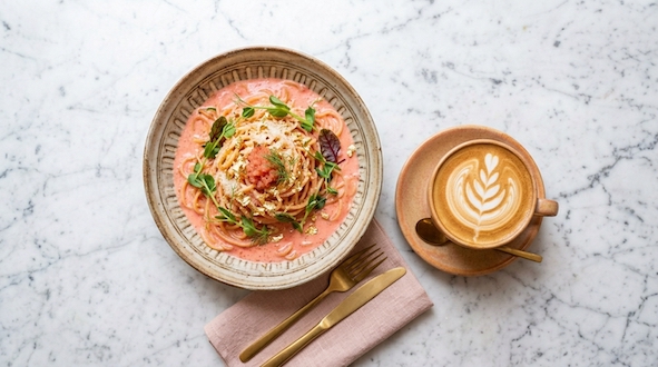 pink pasta with heirloom latte