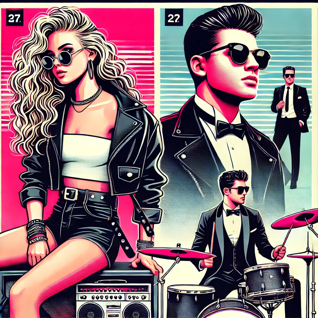 음악 앨범 커버 일러스트 이미지로, 두 메인 아티스트가 협업 콘셉트로 등장. 밝은 금발의 곱슬머리를 한 여성 아티스트는 검은 가죽 재킷과 흰색 크롭 상의를 입고 자신감 있게 앉아 있다. 남성 아티스트는 배경에서 드럼 세트 근처에 서 있으며, 선글라스와 검은 가죽 재킷, 액세서리를 착용하고 있다. 디자인은 핑크색 배경을 바탕으로 복고풍의 화려한 색상 테마를 가지고 있다. 왼쪽 상단에 굵은 글씨로 'APT.' 텍스트를 포함한다. 흑백 스타일의 턱시도를 입은 또 다른 아티스트가 클래식한 느낌을 더하며 구성에 등장한다. 챗GPT 무료 생성 이미지