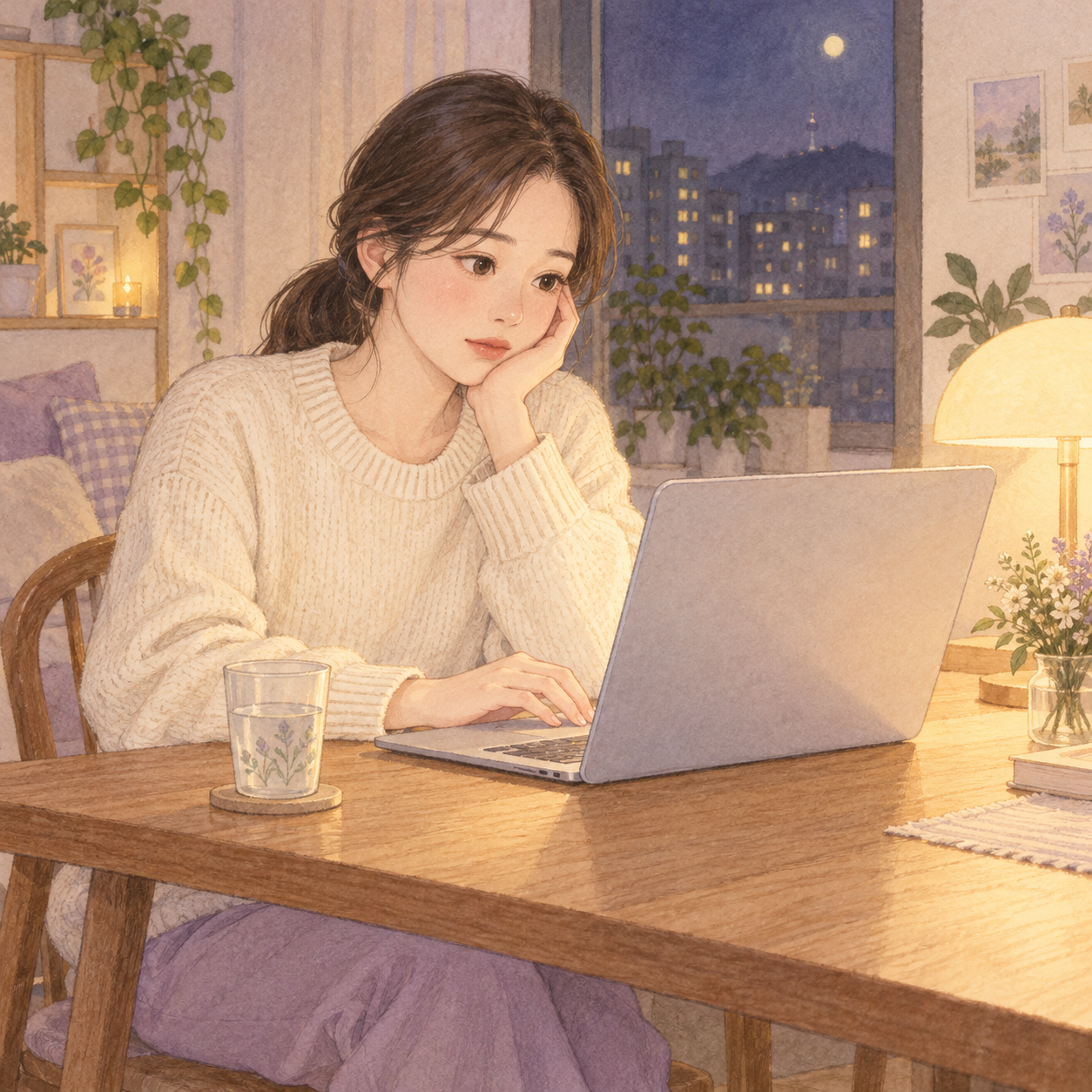 노트북의 빈 문서 앞에서 과제를 시작할지 고민하는 은서의 일러스트