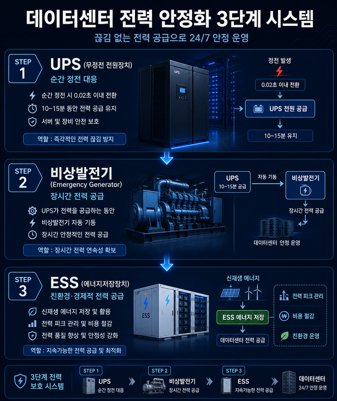 "AI 데이터센터 전력 안정화 3단계 구조도 &mdash; UPS 즉시 전환&middot;비상발전기 장시간 공급&middot;ESS 전력 품질 안정화 플로우차트"