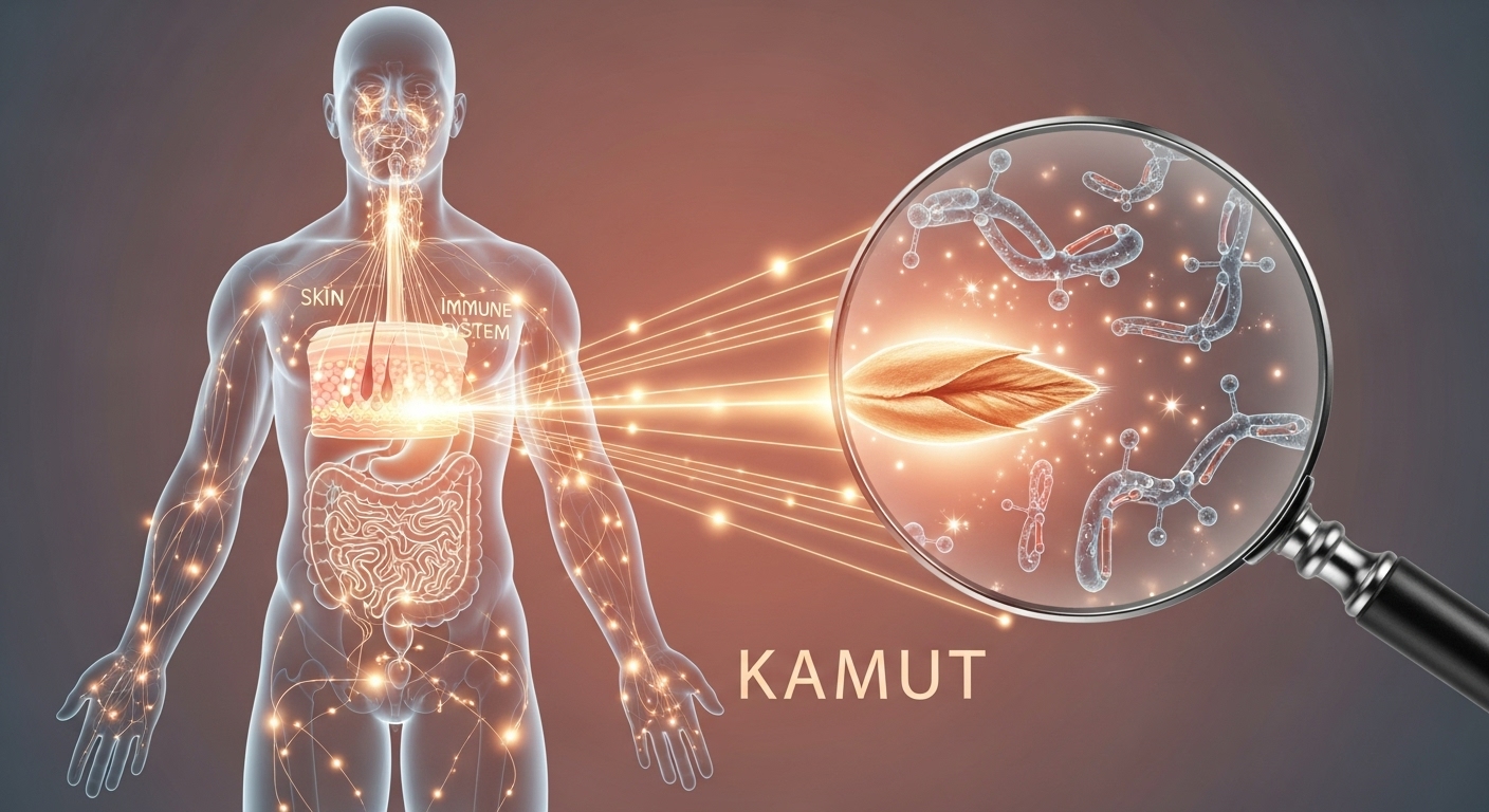 카무트 효소가 장 건강, 피부 노화 방지, 면역력 강화 등 전신 건강에 긍정적인 영향을 미치는 모습을 시각적으로 표현한 일러스트.