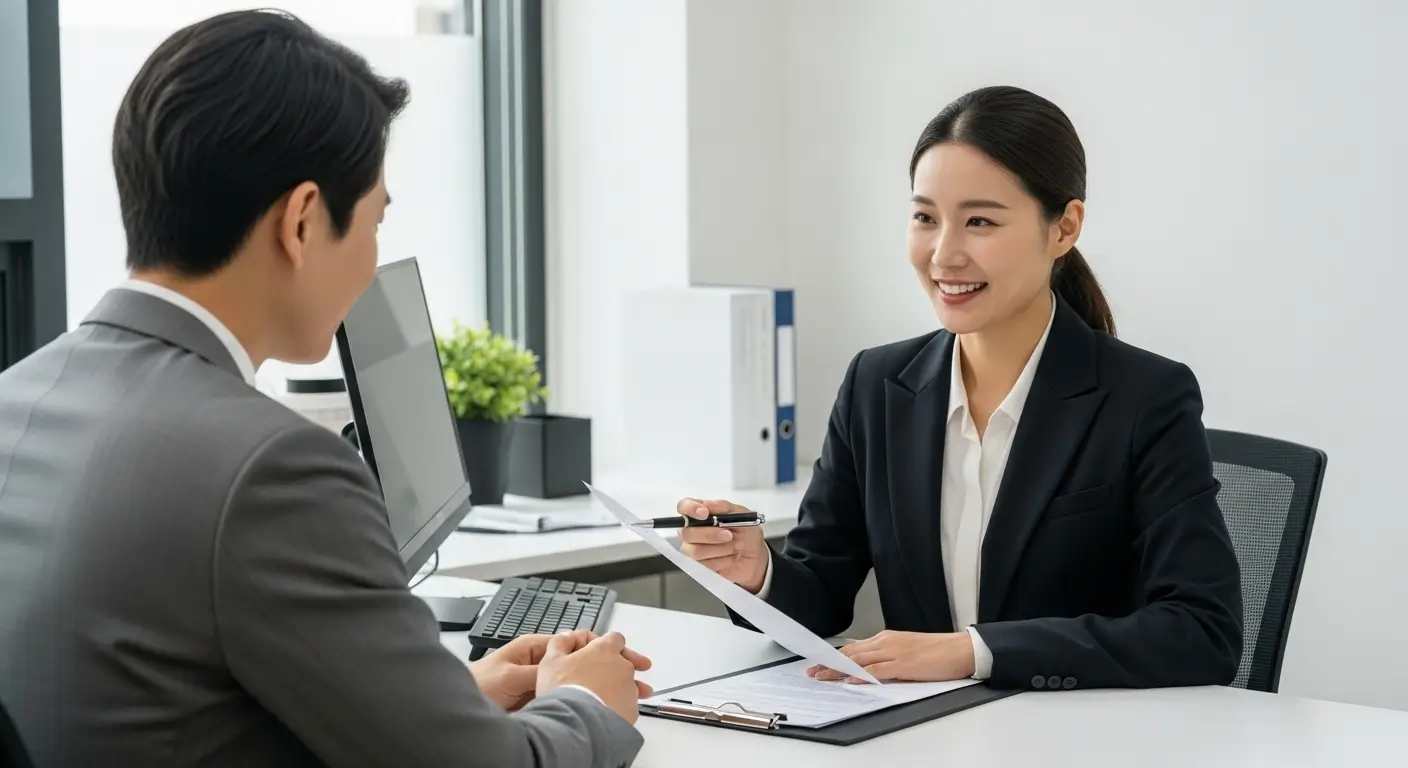 한 외국인 집주인이 전문 대출 상담사와 11 상담을 받으며, 전세보증금 문제를 해결하고 안도하는 모습