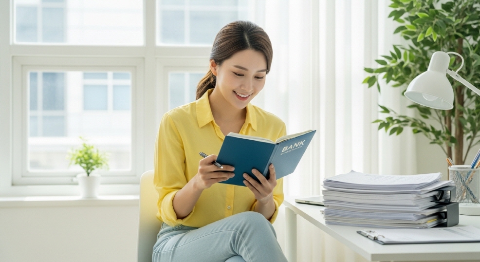 통장을 펼쳐 수입 정리를 하는 여성