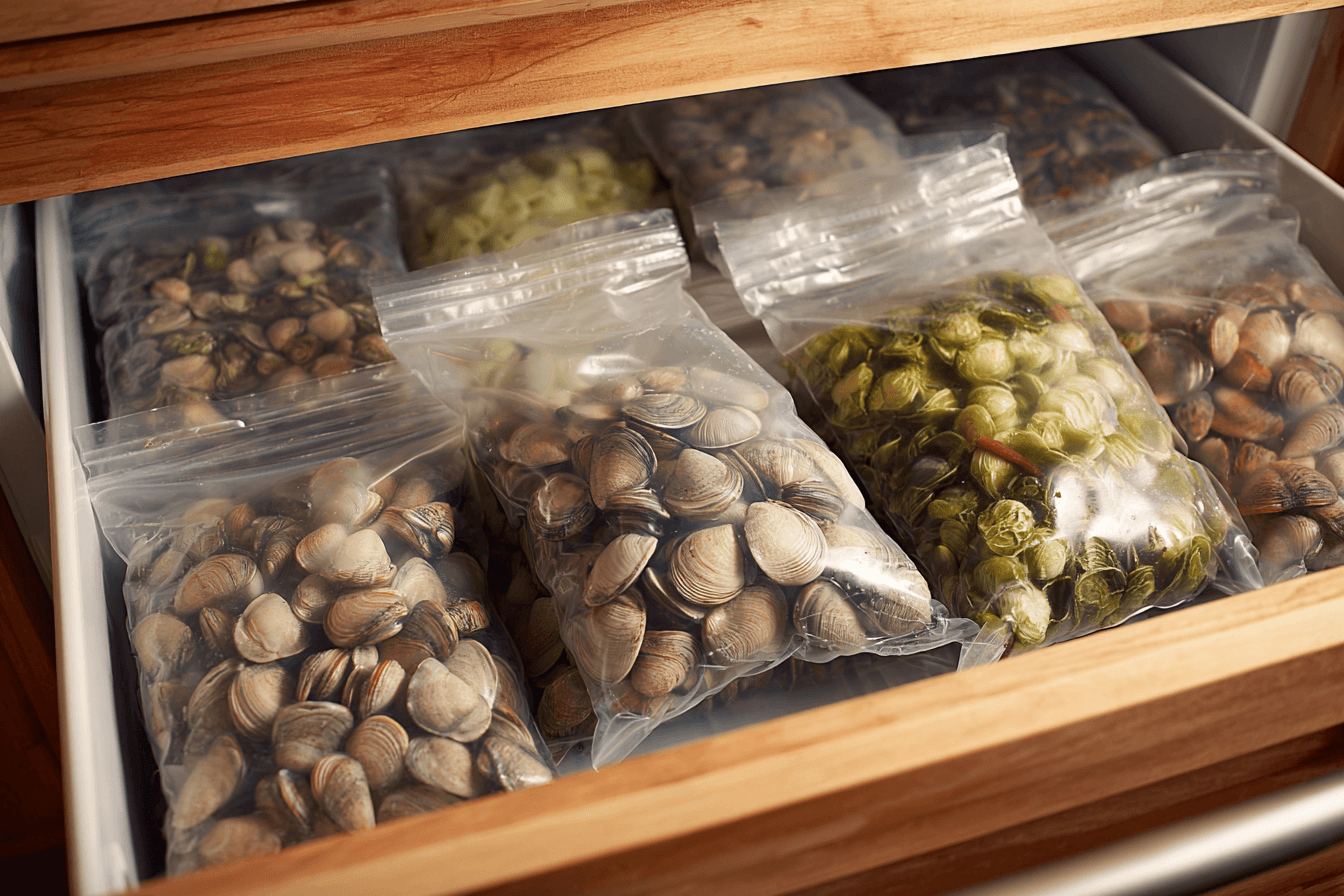 지퍼팩에-여러종류의-바지락들이-담겨있는-이미지
