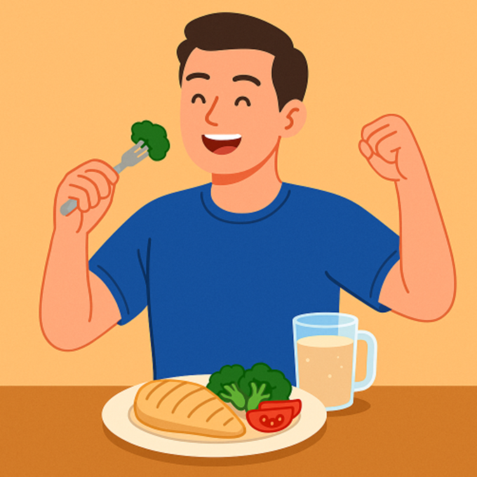 밝은 표정으로 단백질 음식을 먹으며 자신감 있는 자세를 취한 청년의 일러스트