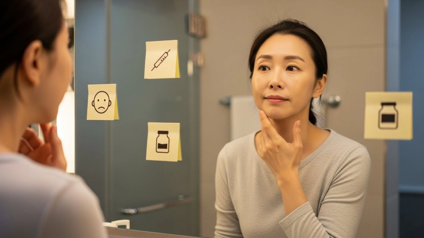 거울 앞에서 본인에게 맞는 리프팅 옵션을 고민하는 사람을 표현한 이미지