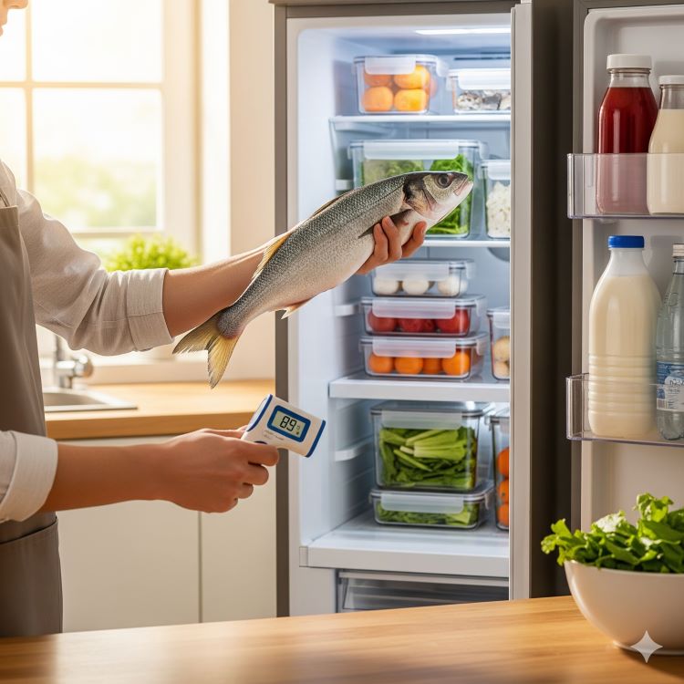 깔끔한 주방에서 신선한 생선을 냉장고에 보관하는 모습. 한 손에는 신선한 생선을, 다른 한 손에는 온도계를 들고 있어 신선도와 온도 관리의 중요성을 강조. 배경에는 체계적으로 정리된 냉장고와 보관용기들이 보이며, 깔끔하고 위생적인 주방 환경을 연출. 따뜻한 자연광이 들어와 건강한 라이프스타일을 느낄 수 있도록 구성.
